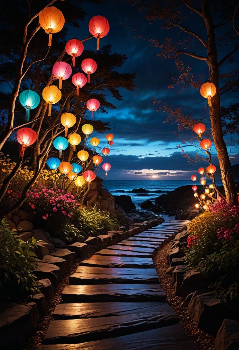 A mesmerizing night scene featuring an array of colorful lights in various forms, such as lanterns, beacons, and glowing signals. These lights create a beautiful pathway leading through a dark landscape, symbolizing guidance and communication. Include subtle waves of light emanating from the signals to illustrate their dynamic nature. The atmosphere should be enchanting and filled with a sense of wonder. vibrant colors. super-realistic. 3D.