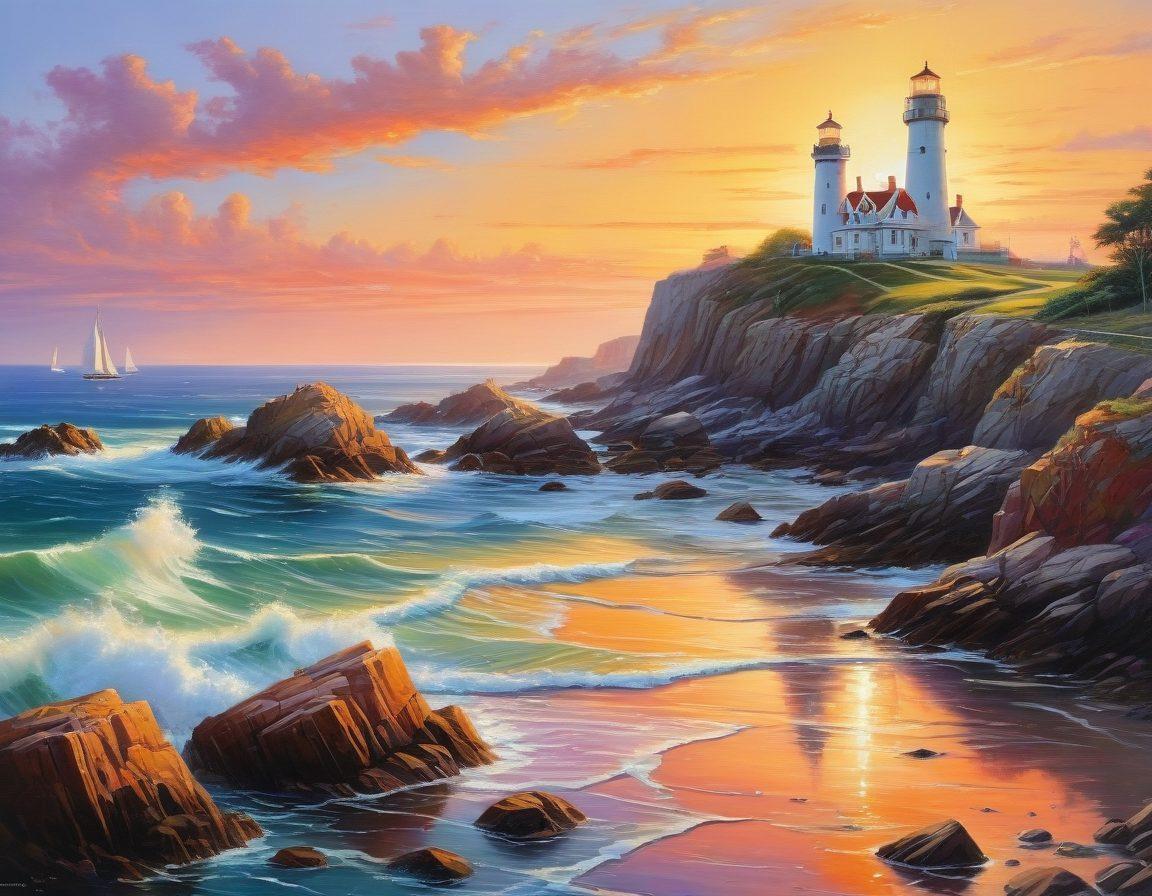A picturesque coastal scene featuring a tall, elegantly structured lighthouse standing proudly on a rocky shore, with golden sunlight casting shimmering reflections on the ocean's surface. Surrounding the lighthouse are colorful buoys and navigational markers, symbolizing guidance and safety. In the background, a vibrant sunset with hues of orange, pink, and purple enhances the serene atmosphere, complemented by gentle waves lapping at the rocks. super-realistic. vibrant colors. painting.