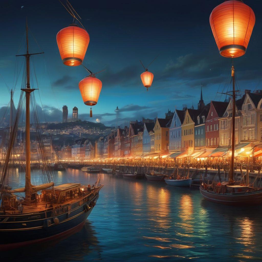 A whimsical scene showcasing illuminated lanterns transforming into modern alert signals, representing the evolution of communication in navigation. The background should blend a historical harbor with rustic sailing ships alongside a futuristic skyline featuring glowing digital alerts. Incorporate vivid colors and intricate details to highlight the charm of both traditional and modern elements. Use a warm ambiance to evoke nostalgia while also capturing the excitement of technological advancement. vibrant colors. super-realistic.